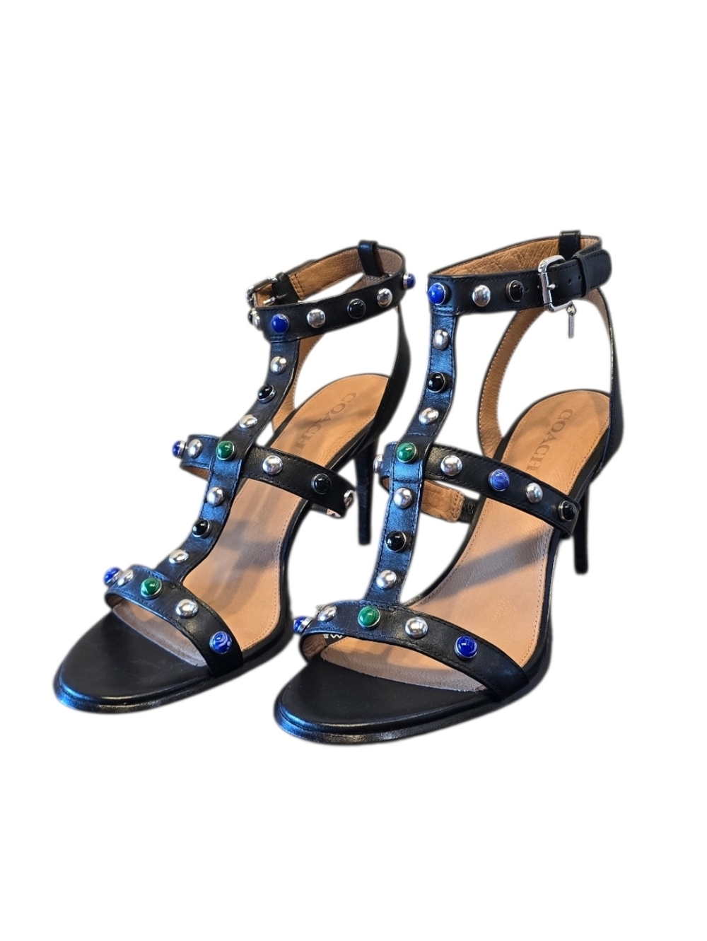 Coach Isabel Matte Black Strappy Studded High Heel Sandal 11 - Picture 2 of 12